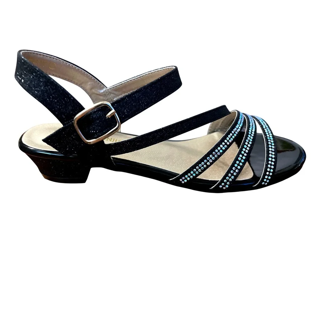 Pandaninija Girls Black Glitter Rhinestone Low Heel Sandals Size‎ 6 NWB
